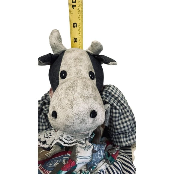 Stuffed Plush Toy Country Cow Handmade Dress Blue White Plaid 17" Animal - Picture 8 of 8